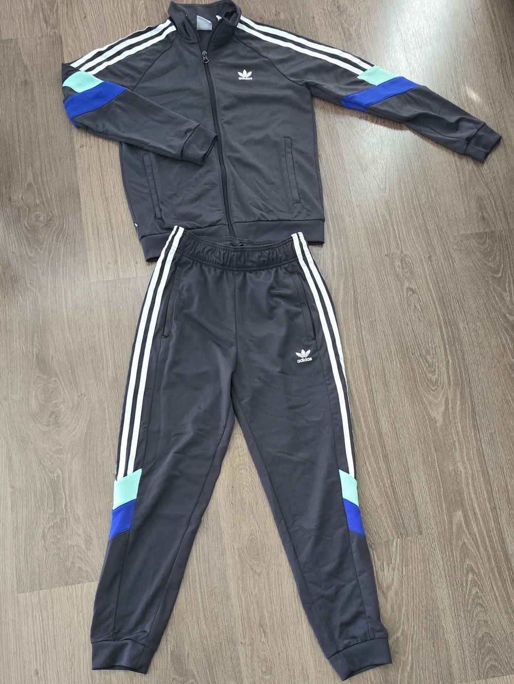 adidas Kids Dark Gray Track Joggers with Royal Blue & Mint Panels